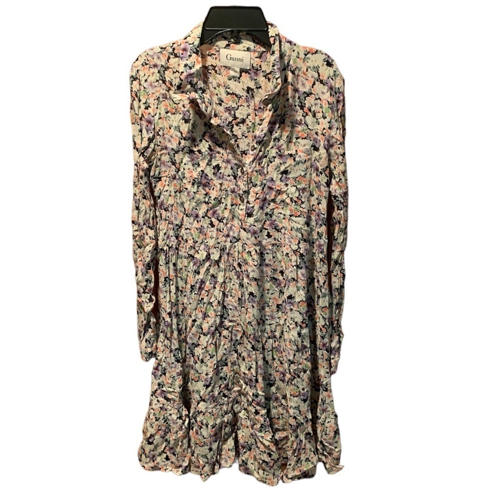 Anthropologie Ganni Floral Long Sleeve Tiered Dress XS